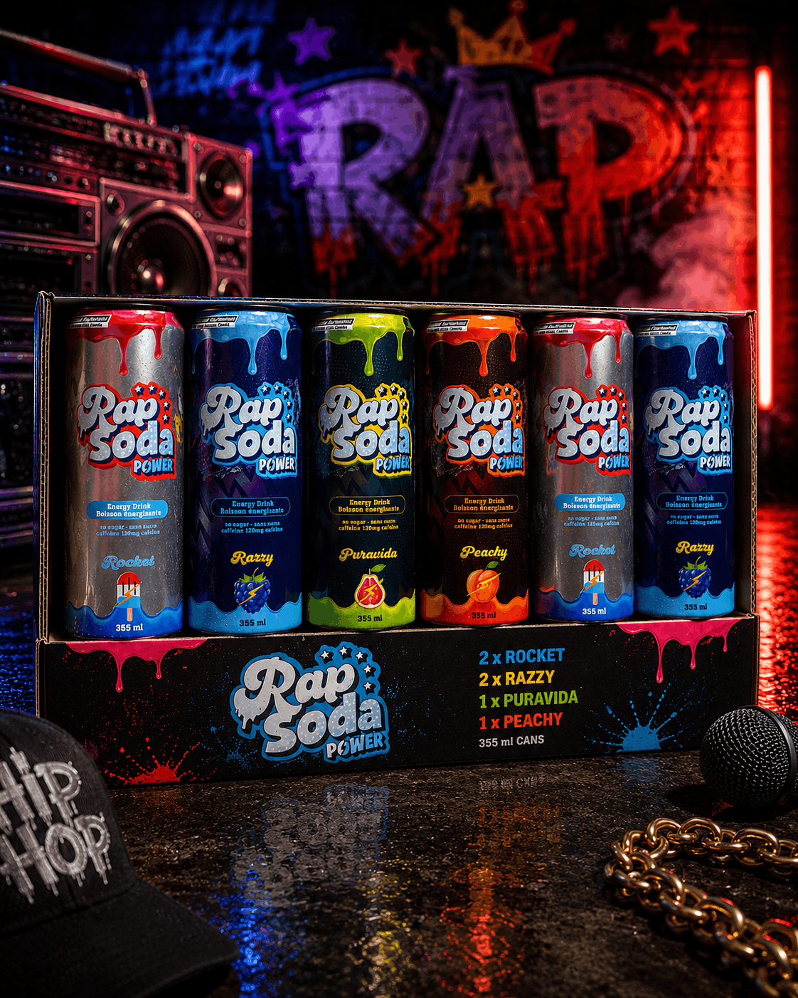Pack Découverte Rap Soda Power - 6 boissons énergisantes sans sucres - Le marché Boréal